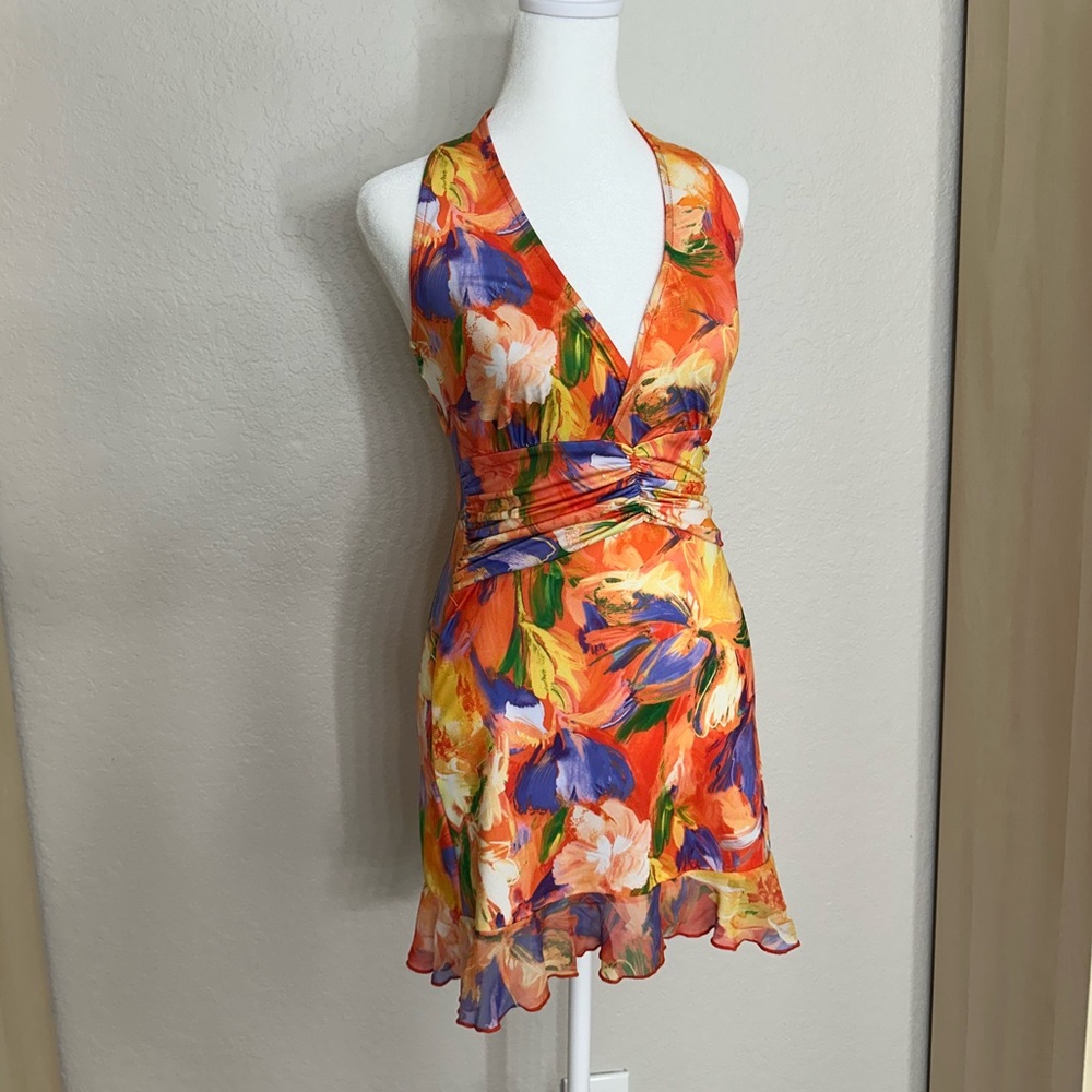 Floral Halter Dress - Orange and Blue